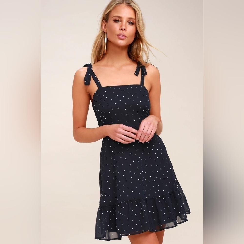 LULU'S Dotty About You Polka Dot Tie Strap Mini Dress (M)